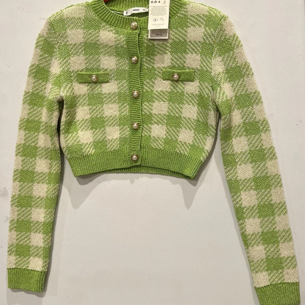 NWT MNG XS Pearl & Gold Button Cardigan Lime Green Sustainable Recycled Material - Picture 2 of 8